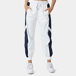 Halara Mid Rise Drawstring Side Pocket Color Block Pants in White and Blue Small